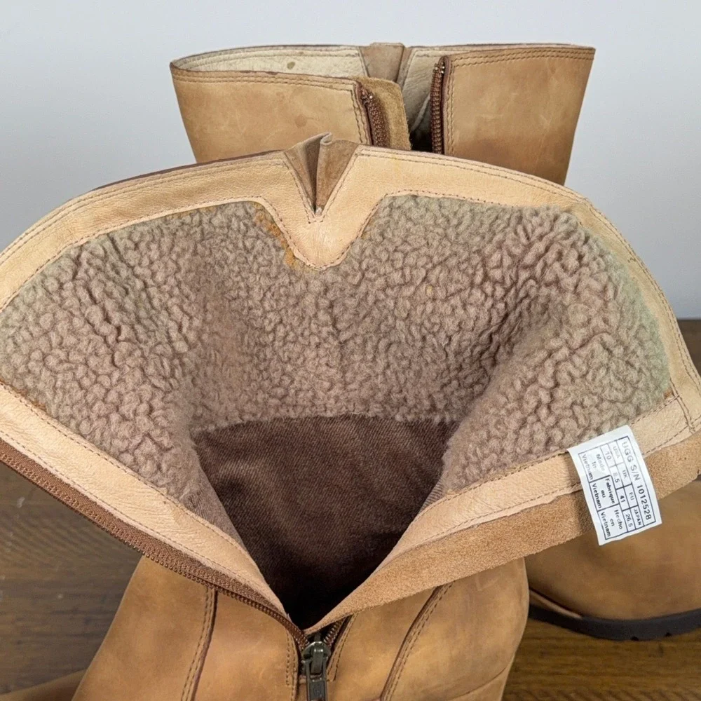 UGG Boots Womens 10 Tan Leather Joely Wedge Shearling Winter Waterproof Y2K